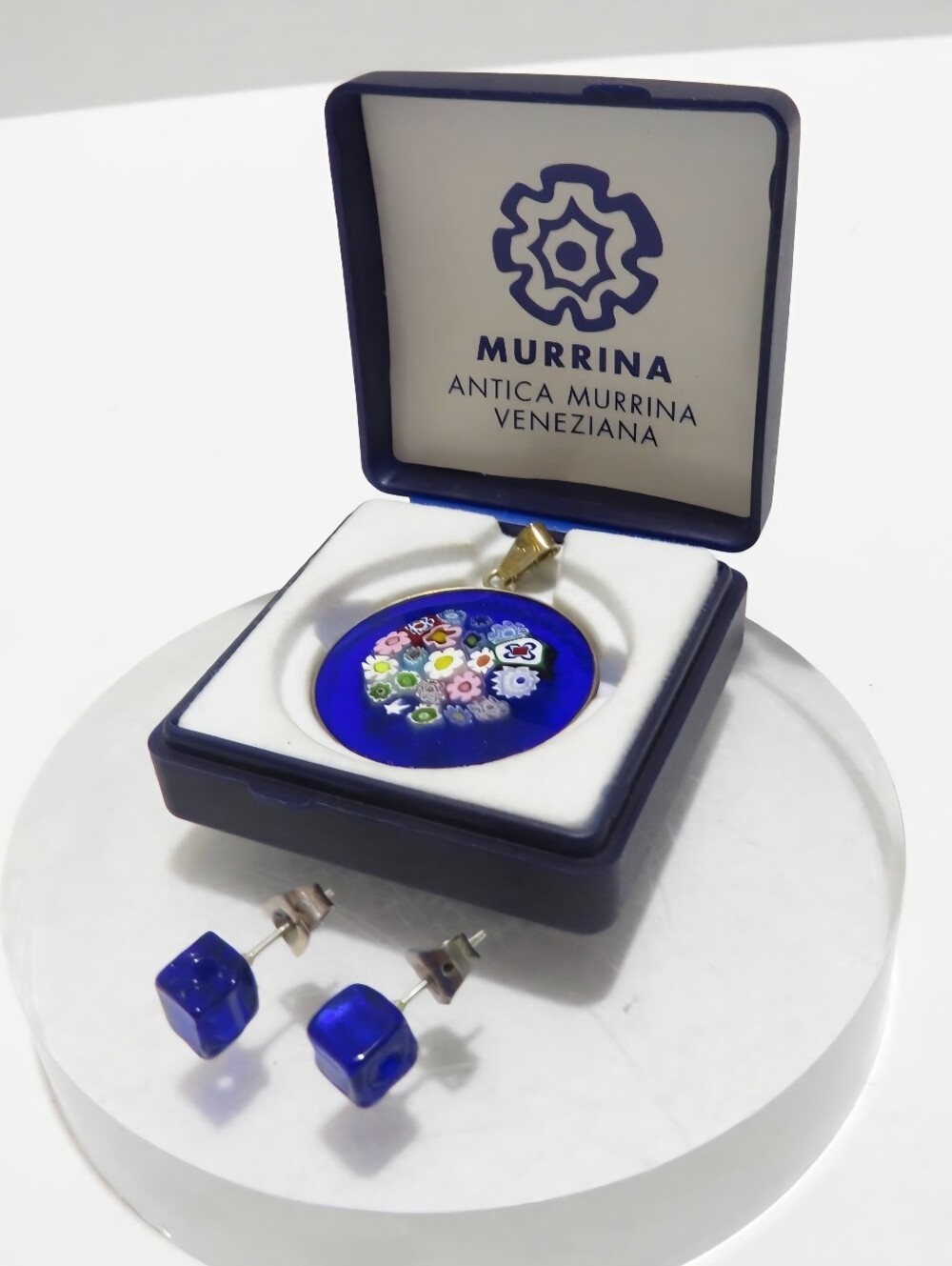 Antica Murrina Veneziana Blue Millefiori Glass Pendant and Stud Earrings